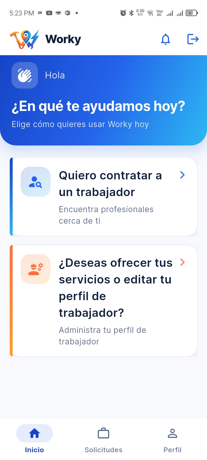 Pantalla inicial de Worky para contratar o ofrecer servicios