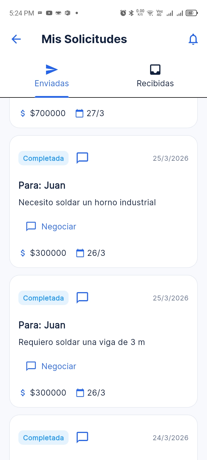 Solicitudes enviadas en Worky