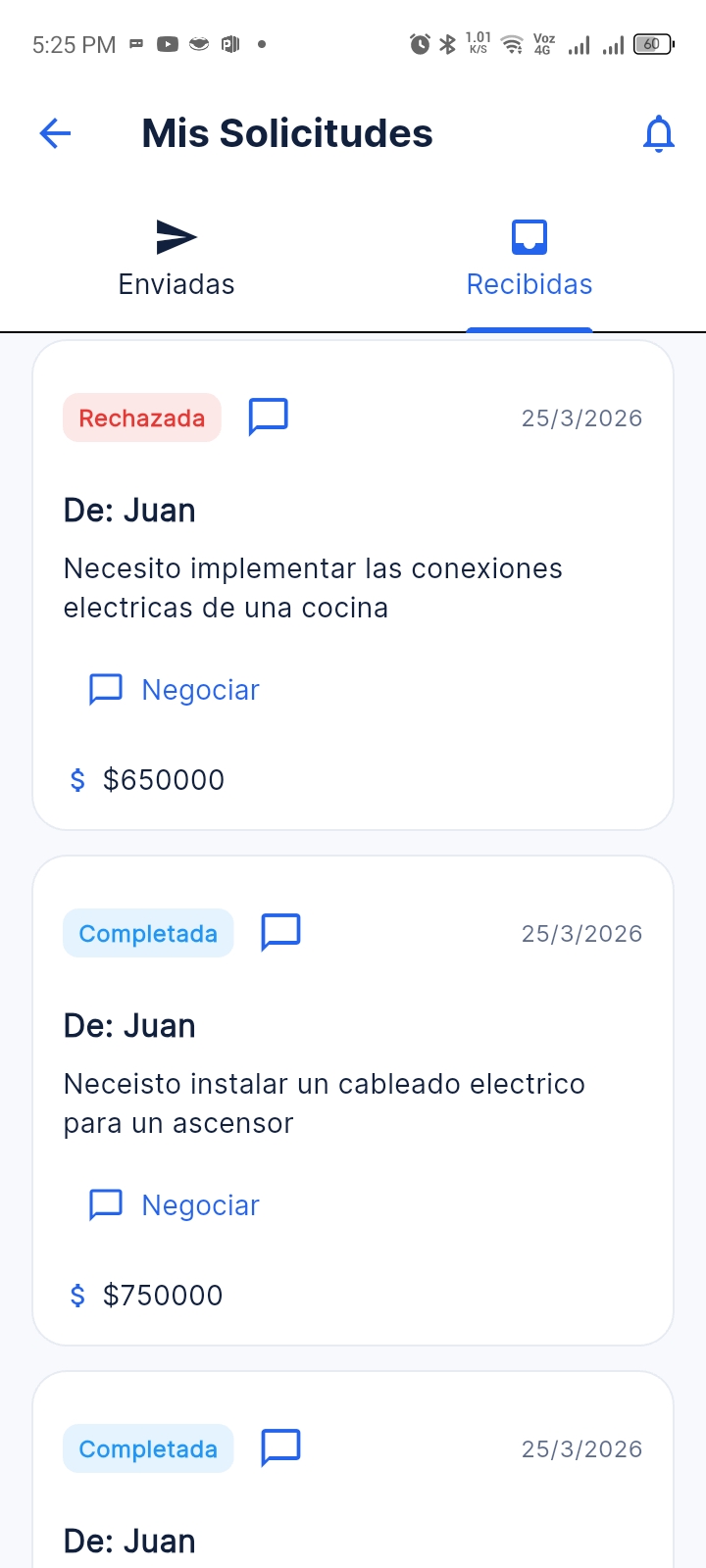Solicitudes recibidas en Worky
