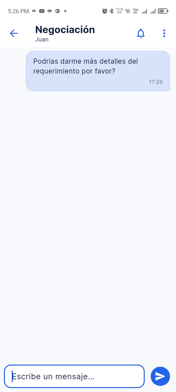 Pantalla de negociacion por chat en Worky