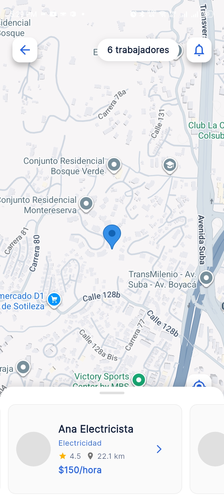 Mapa con trabajadores cercanos en Worky